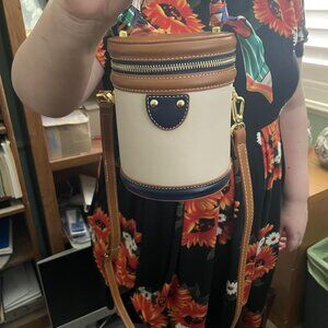 Neiman Marcus Equestrian Blue and White Vegan Leather Bucket Bag